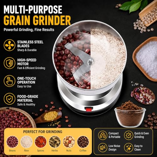 Image of J-GO 300W Multifunctional Electric Spice & Coffee Grinder - Stainless Steel Blade Grinder for Coffee Beans, Spices, Herbs, Nuts & Grains - One Touch Portable Dry Grinder with 300ML Cup