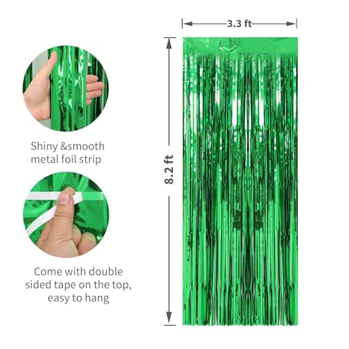 Image of 2 Pack Green Foil Fringe Curtains Streamers Party Decorations 3.3 x 8.2 ft, Tinsel Curtain Fringe Backdrop for Parties, Door Fringe Birthday Streamers, Photo Booth Backdrops, Party Decor