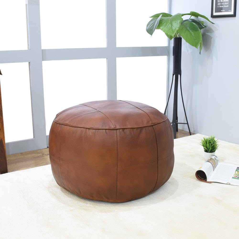 BBHHOMES Handmade Eco-Friendly Geometric Leather Pouf Cognac Color Round 21