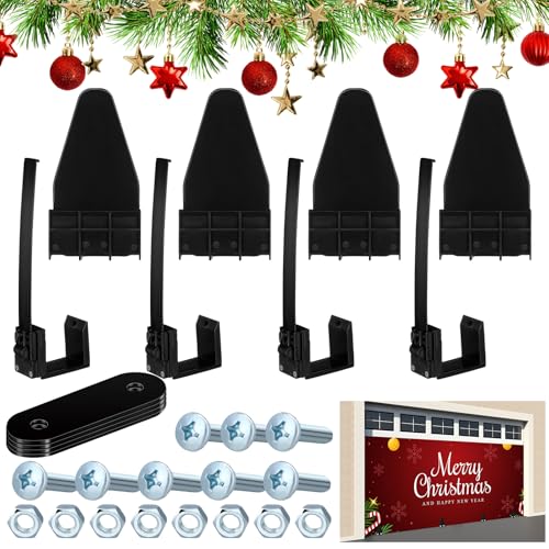 Reallnaive 4 Pcs Christmas Garage Door Banner Clamps Garage Door Backdrop Installation Kit Large Banner Cover Hanging Hooks Tools Mural Clips for Christmas Holiday Decorations
