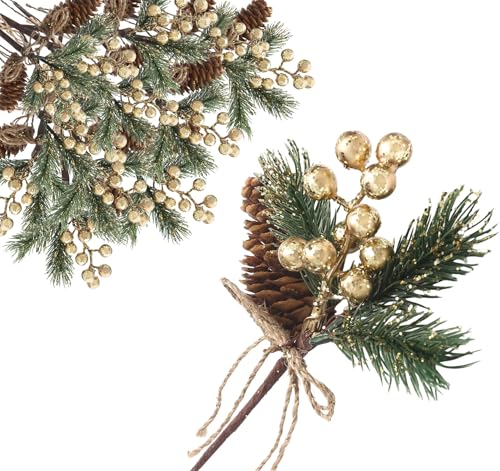 12 Stück Künstliche Tannenzweige mit Goldene Beeren und...
