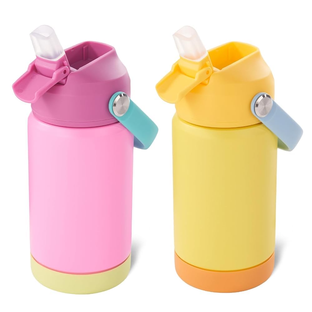 Fijinhom Kids Water Bottle, 360ml/12oz, Stainless Steel Insulated Water Bottle with Straw, Vacuum Leakproof, Kids Water Bottles for School Boys Girls,BPA Free,Rose Red + Twilight Green 2 Piece Set — image 1