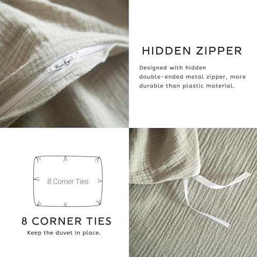 SE SOFTEXLY Muslin Duvet Cover Oversized King Size, 100% Washed Cotton Duvet Cover Set, Ultra Soft Comforter Cover Linen Like, 3 Pieces Gauze Duvet Cover with 2 Pillowcases, 98"x120", Smoky-Green