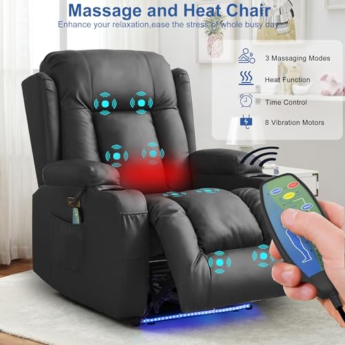 Image of URRED Recliner Chair with Massage and Heat, Power Reclining Sofa Chair Home Theater Seating with LED Ambient Light, USB Ports, Cup Holders, Side Pockets, Faux Leather, Black