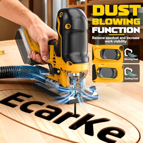 Image of Ecarke Cordless Jig Saw Compatible With Dewalt 20V, Brushless Motor 3800RPM, 7 Speeds Dial Control, Free-Tool ±45 Bevel Cuts, 4 Orbital Action, Dust Blows and 6 Blades For Cutting, Tool Only