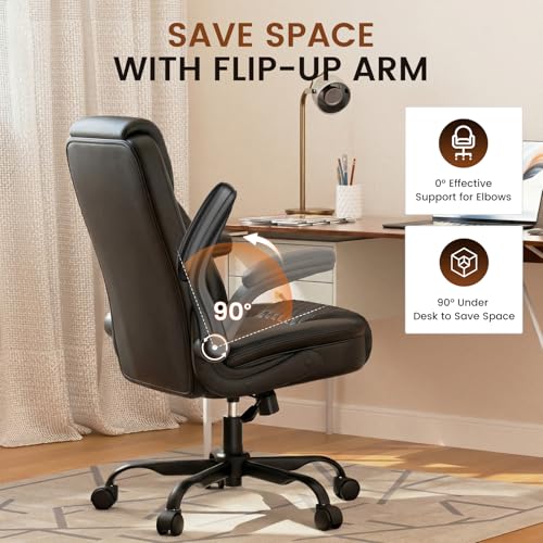Image of GTPLAYER Leather Office Chair, Home Desk Chair with Flip-up Arms and Ergonomic Back - Comfy Heavy Duty Executive Chair for Home Office Gaming, Black
