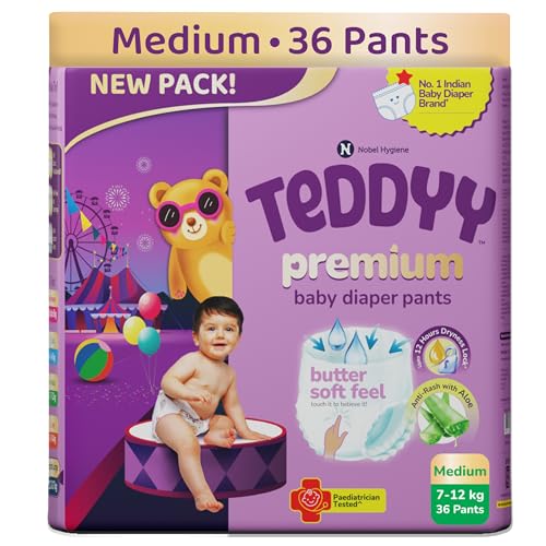 Image of Teddyy Premium Baby Diaper M size, Pant Style | Medium (7-12 kg), 36 Pants | Butter Soft Feel | Anti-Rash with Aloe Vera & 12 Hours Dryness Lock