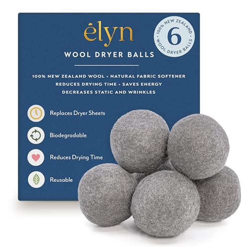 ELYN Wool Dryer Balls 6-Pack - XL, 100% New Zealand Wool, Reusable and Handmade. Fragrance-Free, Natural Fabric & Laundry Softener, Reduce Wrinkles, Static and Drying Time (Grey)
