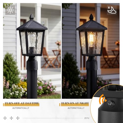 Image of zeyu Lantern Post Light Fixture with Photocell Sensor, 13.7 Inch Dusk to Dawn Outdoor Post Lighting, Exterior Pole Lighting Fixture with Water Ripple Glass, 20076PS-PC BK-WP