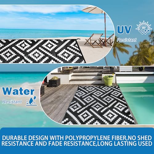 Image of Outdoor Reversible Rugs, Plastic Straw Area Mats, Modern Large Floor Rugs for RV, Patio, Backyard, Deck, Picnic, Beach, Trailer, Camping (Black & White, 4'x6')