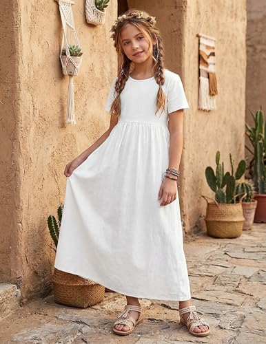 Image of Arshiner Girls Maxi Dress Long /Short Sleeve Casual Holiday Dress with Pockets for 5-13 Years