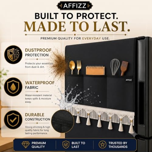 Image of Refrigerator Cover with 6 Storage Pockets | Waterproof & Dustproof Protective Fridge Top Cover | Washable Polyester Kitchen Organizer | 130 x 54 cm | Black