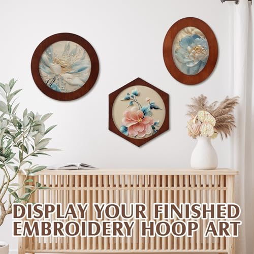 Image of Vercraft 3 Set Embroidery Hoop Frame 8 Inch Decorative Wood Embroidery Frame with 8 Inch Cross Stitch Hoop for Display Finished DIY Art Craft Hanging Sewing Ornaments, Round, Hexagon, Oval
