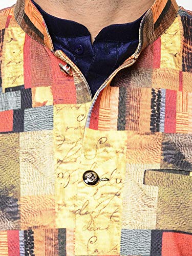 Image of SAIFOO Men's Silk Navy Blue Kurta Pyjama & Printed Nehru Jacket