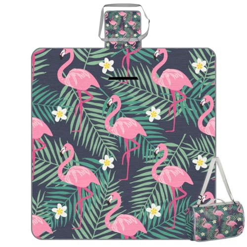 Shimoshe Picnic Blankets 57”x 59”, Palm Leaf Flower Flamingo Waterproof Sandproof Picnic Mat Lightweight Foldable Beach Blanket for Camping Park Grass Beach Outdoor Blanket