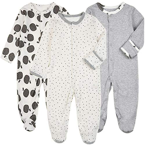 Baby Footed Pajamas Snap with Mittens - 3 Pcs Infant Girls Footie Onesies Sleeper Newborn Cotton Sleepwear Outfits (0-3 Months, Fruit/Grey/Dot)
