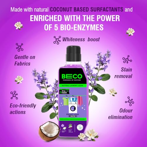 Image of Beco Natural Liquid Detergent Front Load - 960ML Bottle | Tough Stain Removal | Lavender & Vanilla Freshness | Retains Brightness & Shine | Chemical Free | Washing Machine Front Load Liquid