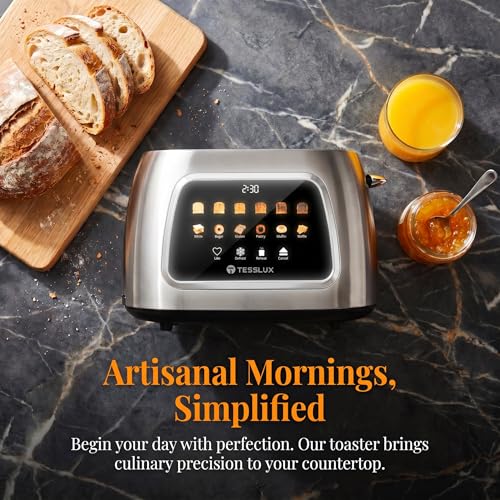 Image of Tesslux 2 Slice Toaster with Touch Screen Control, 1.5 inch Wide Long Slots, 6 Browning Levels & 6 Bread Types, Digital Timer, Memory, Defrost, Reheat (Silver, 2 Slice)