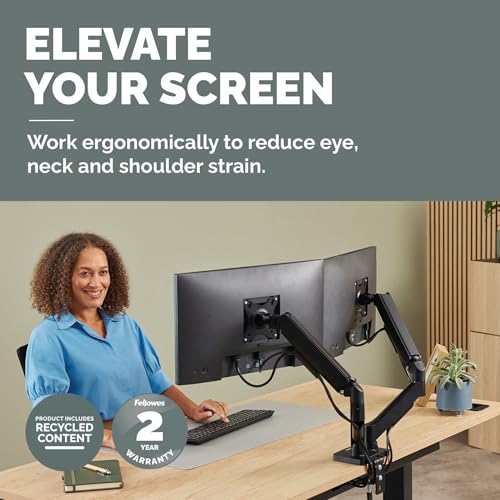 Image of Fellowes Everyday Plus Dual Gas Spring Monitor Arm Holds Two Screens up to 32 inch Weighing 4.4-19.84 lbs ea, Height Adjusting, Tilt, Swivel, Rotate, VESA 75 /100, Clamp or Grommet Mount, Cable Management