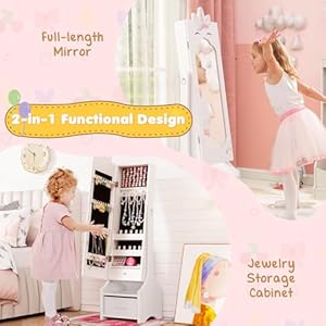 Glacer kids jewelry armoire cabinet with full length mirror standing children jewelry organizer with foldable drawer 2 adjustable tilt angles princess dress up jewelry cabinet for girls white  urban country home decor