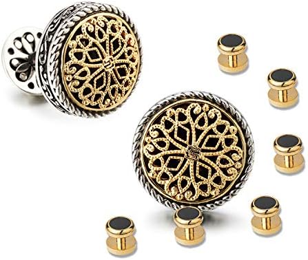 18K Gold Plated Cufflinks with 6 Shirt Studs Set for Tuxedo Shirt - Best Gifts for Men Wedding Business with Luxury Wooden Gift Box