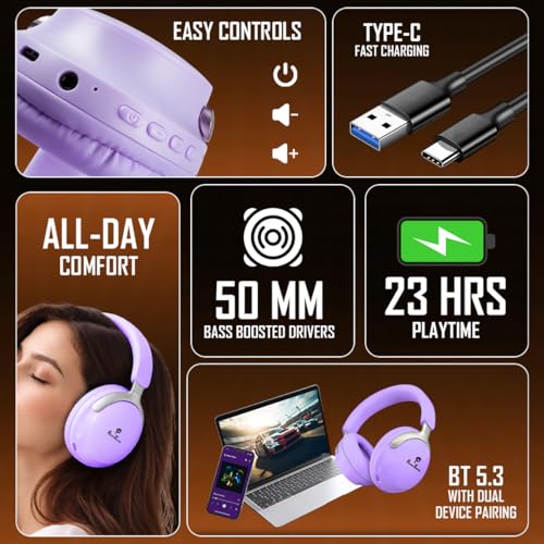 Image of PunnkFunnk Wireless Over-Ear Bluetooth Headphones - Deep Bass, Noise Isolation, Soft Cushioned Earcups, Foldable Lightweight Design, HD Mic for Gaming, Music & Calls (Purple)