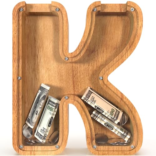 Image of Piggy Bank for Kids Boys Girls, Large Personalized Wooden Letter Piggy Bank with Cut-Out Design, Alphabet Letter Coin Banks, Money Savings Box, Wooden Bank for Kids Creative Gift for Real-Money(K)