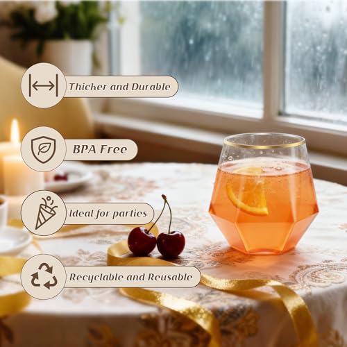 Image of 40 Pack 12oz Diamond Plastic Wine Glasses with Gold Rim, Disposable Stemless Wine Cups - Shatterproof, Unbreakable & BPA-Free, Recyclable Drinkware for Wedding, Birthday Party, New Year, Holidays