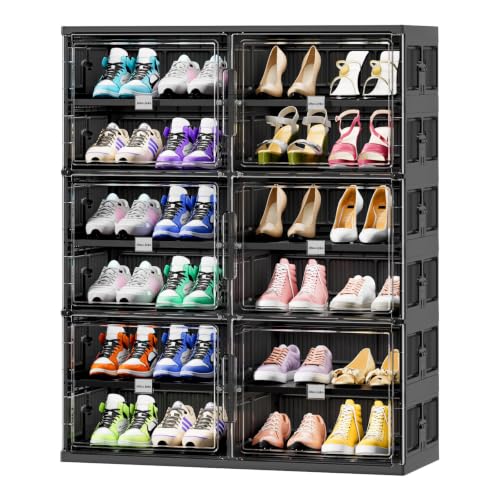 JEKO&JEKO 6 Tiers Foldable Shoe Rack Organizer Cabinet for Closet Entryway, Large Collapsible Shoe Storage Box with Magnetic Doors (Black)