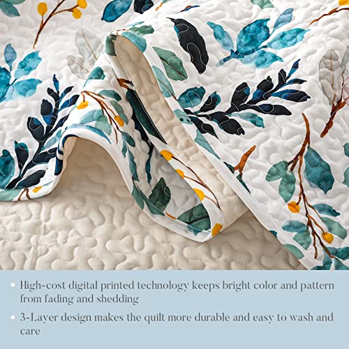Whale Flotilla Reversible Floral Quilts King Size, Lightweight Boho Printed Bedspreads Coverlets Quilt Bedding Set with 2 Pillow Shams for All Seasons, White/Navy