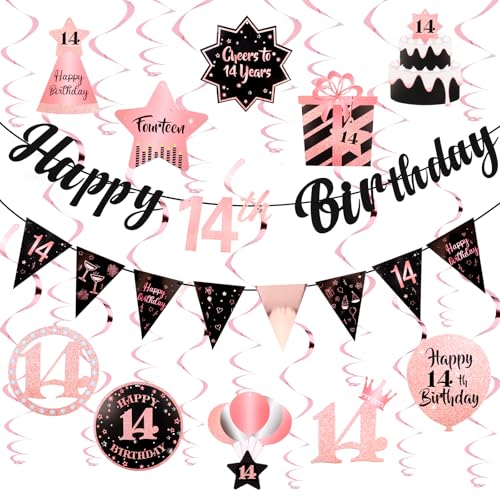 Image of 14th Birthday Decorations for Girls Rose Gold Pink Pre Strung Happy 14th Birthday Banner and Hanging Swirls 14 Year Old Party Decorations Supplies