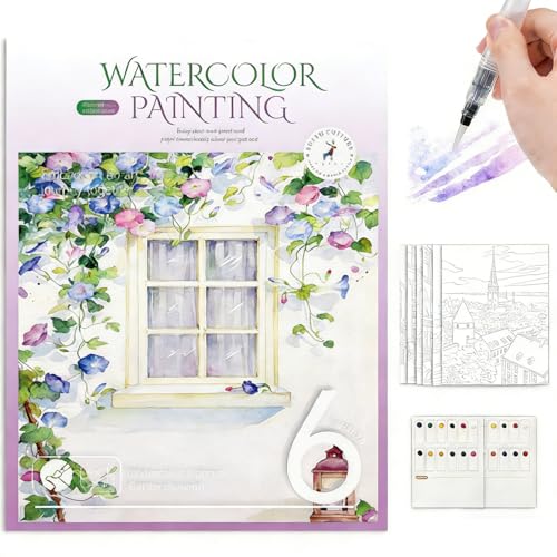MANASUGUR Kit Acuarela para Adultos – Set Portátil con Libro de Colorear por Números, 12 Colores Vibrantes Libro para Colorear Acuarela Blocs y Cuadernos de Dibujo