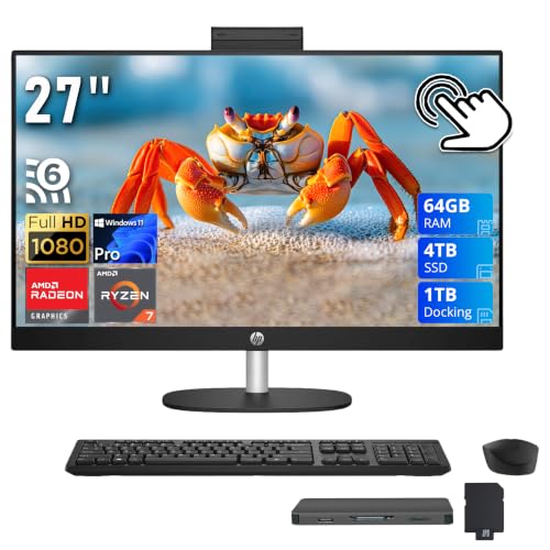 Image of HP 27 inch FHD Touchscreen All-in-One Desktop, AMD Ryzen 7 7730U, 64GB RAM, 5TB Storage(4TB SSD+1TB Docking Station Set), AMD Radeon Graphics, Wireless Keyboard & Mouse, FHD IR Camera, Win 11 Pro, Black