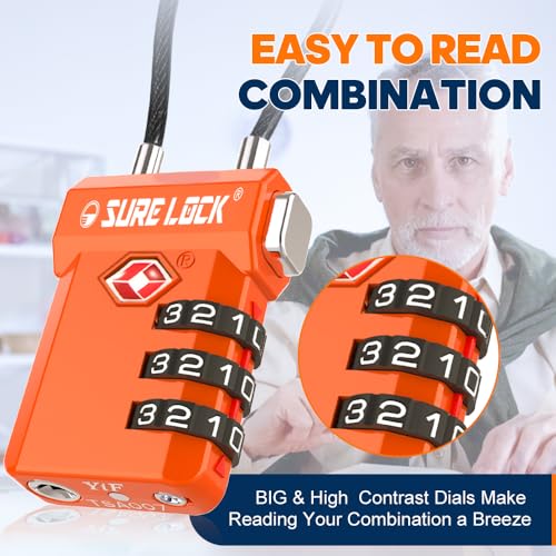Image of SURE LOCK TSA Approved Luggage Locks with Open Alert Indicator, 3 Digit Combination Cable Travel Lock for Suitcase, Backpack, Gym Locker, Toolbox, Carry On & Travel Bag