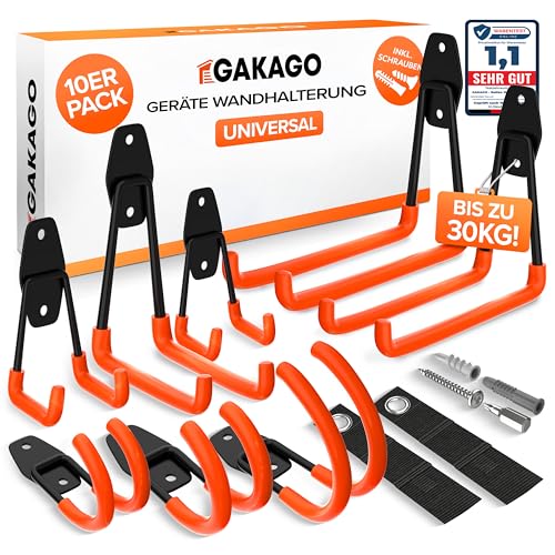 Gakago Gerätehalter Wandhalterung 10er Garagenhaken Set inkl. Dübel Schrauben & Anleitung Werkzeughalter Wand für Gartengeräte Leiter & Garage Organizer Gerätehaken Wand bis 30kg