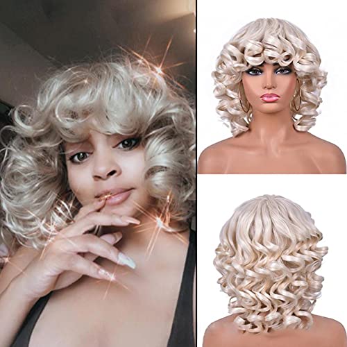 Rogess 12IN Short Afro Curly Wigs with Bangs for Women Kinky Curly Hair Wig 2 Tone Ombre Dark Brown/Black/Silver White/Pink/... Big Bouncy Fluffy Curly Wig (silver white)