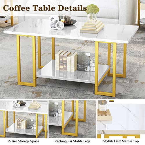 Dklgg Coffee Table Set Of 3, Modern 3-Piece Table Set Faux Marble Coffee Table & 2 End Tables Open Shelves With Metal Legs, Living Room Table Sets For Apartment, Small Space (White) #TOP5