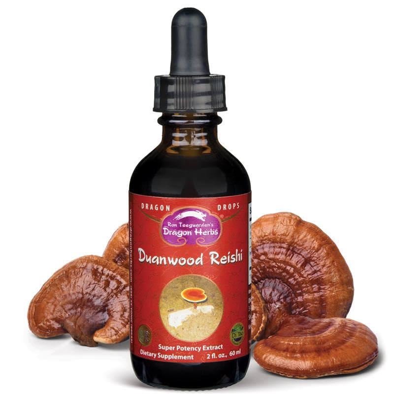 Dragon Herbs Duanwood Reishi Drops • Mushroom Supplement • Mountain Organically Log Grown • Triple Extractions • for Immunity, Sleep, Heart, Liver, Stress, Super Potency Fast Acting • 2 fl oz, 60 mL