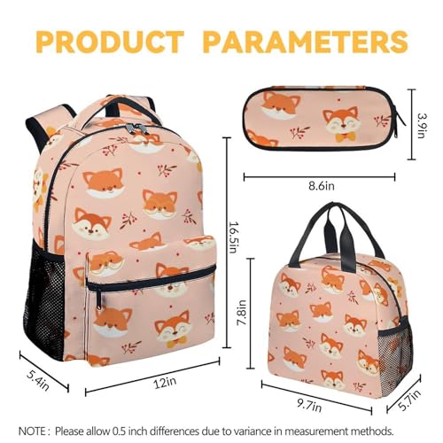 Fox Backpack with Lunch Box Set for Girls, 3 in 1 School Backpacks Matching Combo, Cute Orange Bookbags and Pencil Case Bundle4