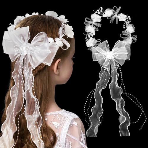 HOWAF Diadema de Comunión para niñas Accesorio de bautizo Diadema de flores de perlas Princesa diadema Diadema de florista de boda