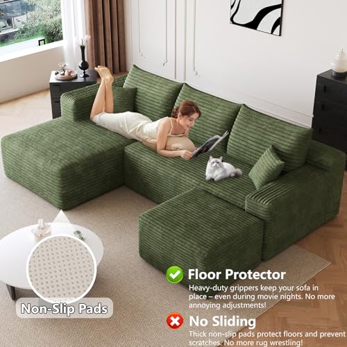 Image of 95 inch Modular Sectional Sofa with Ottoman, Modern Corduroy Cloud Couch with Deep Seat, Boneless Couch Upholstered 3-Seater U-Shaped Sofa for Living Room, No Assembly (Green,Left-Facing Chaise)
