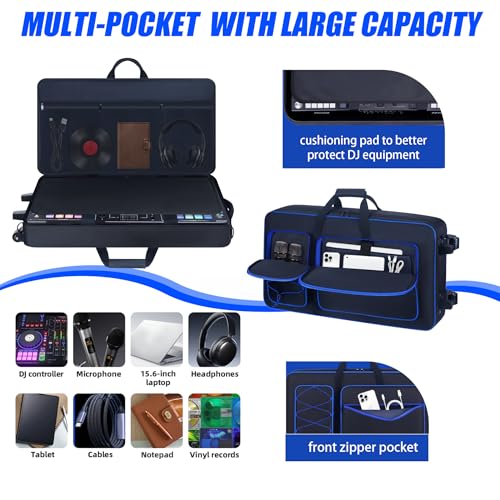Image of Rolling DJ Controller Case with Wheels Compatible with DDJ-FLX10 / 1000 / 1000SRT / DDJ-GRV6 / REV5 / REV7, Padding DJ Backpack with Adjustable Shoulder Strap and Multi-Pocket for Gear (Blue, with wheels)