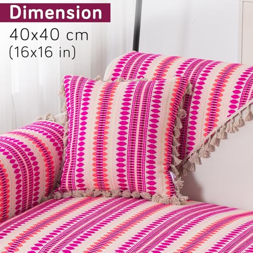 Image of HOKIPO 'Artisan Boho Series' 450 GSM Cushion Cover with Tassels | Cotton Acrylic Jacquard | 16x16 Inch (40x40 cm) | Pack of 2, Fucshia Pink (IN-905-A5*2)