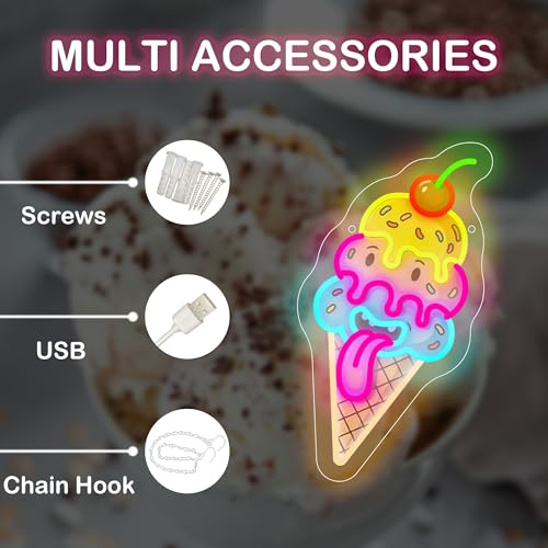 Image of Cute Ice Cream Neon Sign - LED Neon Light Wall Decor with Cherry, Colorful Cone Design, 7.1x12.4 Inches, USB Powered Neon Sign for Bedroom, Kids Room, Game Room, Party Decorations