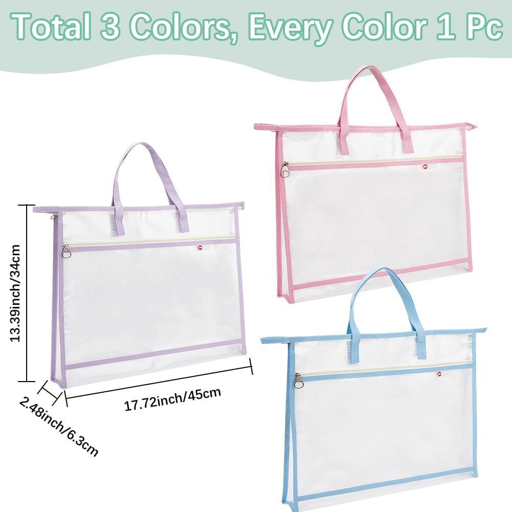CRASPIRE 3Pcs Mesh Project Bags with Handles A3 Rectangle 3 Colors PVC Colorful Double Layer Sewing Document File Folder Paper Zipper Pouches for School Office Work Sewing Artworks Embroidery Projects - Image 2