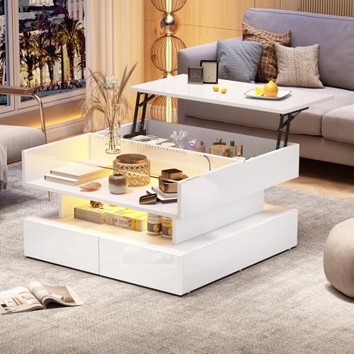 OKMYHOME Table Basse Relevable LED - Table Basse Moderne avec Tiroirs et Rangement Caché - 80x80x45 cm - Blanc