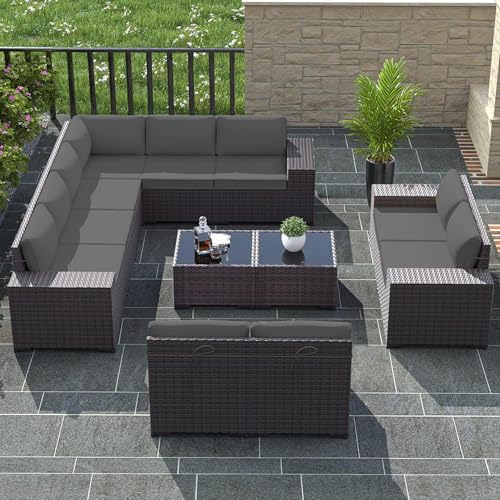 Image of 12 PCS Outdoor Patio Furniture Set,Outdoor Sectional Furniture All Weather PE Rattan Wicker Patio Conversation Set with 2 Coffee Tables and 10 Thickened Cushions,Grey