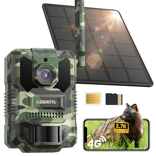 DEATTI 4G LTE Wildkamera mit Handyübertragung APP, 2.7K Solar Wildkamera mit SIM Karte, PIR...