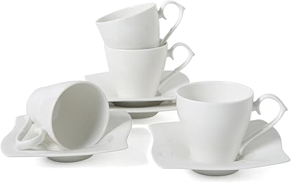 4Pcs Espresso Cups with Saucers 8oz Cappuccino Mug Set Ceramic Tea Cup Saucer Coffee Mug Demitasse Cups Set Latte Mugs for Kitchen Cafe Microwave Dishwasher Safe White