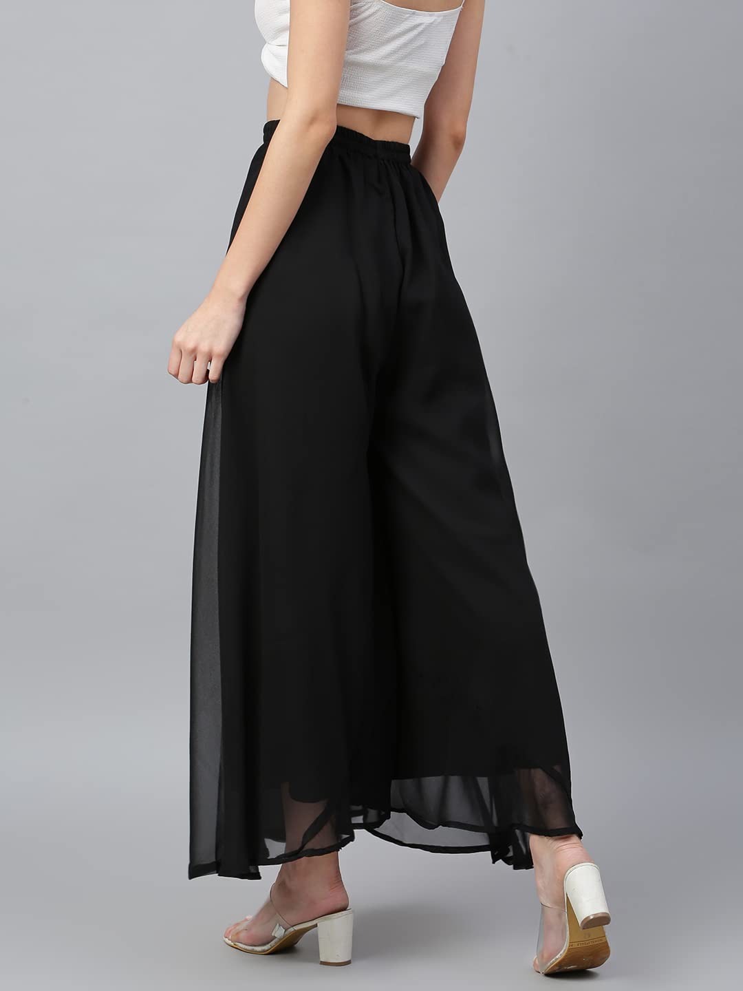 RATAN Women High Rise Georgette Flared Freesize Relaxed Fit Sharara Palazzo Pant With Lining (Black_Onesize) Free Size 2